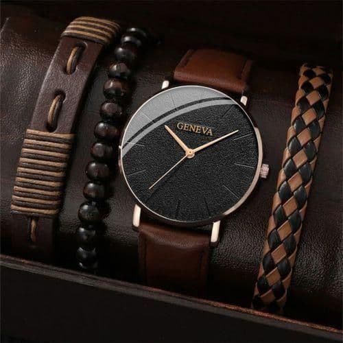 4 In 1 Men's Casual Watch and Bracelet Set with Large Dial - Brown